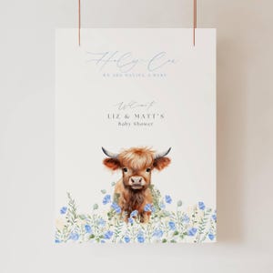 Invito per baby shower a tema mucca delle Highlands, cartello per baby shower a tema mucca delle Highlands in stile boho, "Oh cielo, stiamo per avere un maschietto", baby shower a tema mucca, CP01
