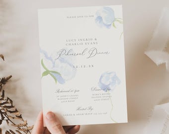 Wedding Rehearsal Dinner Invitation: Blue Florals, Blue Flowers, Minimalist, Classy (Editable Template)