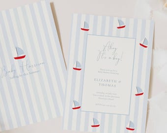 May include: Baby shower invitations with a nautical theme. The invitations feature a light blue and white striped background with red sailboats. The text "Ahoy it's a boy!" is displayed on the invitation.