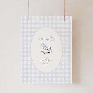 Cartello di benvenuto per baby shower a forma di cavallo a dondolo, cartello di benvenuto per baby shower a forma di cavallo a dondolo, cartello azzurro chiaro per baby shower a forma di cavallo a dondolo, CP01