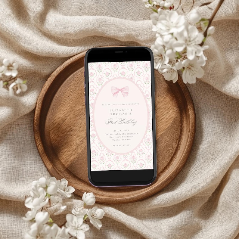 Vintage Pink Bow Floral Birthday Invitation, Elegant Coquette Bow Floral Birthday Invitation, First Birthday Preppy Bow Birthday Invite, FBD