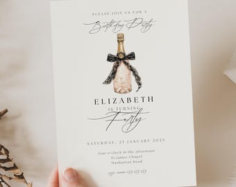 Black Bow Birthday Invitation, 40th Birthday Invitation Bows, Black Bow Elegant 30th Birthday Invite, Black Bow Coquette Invite Any Age AB01