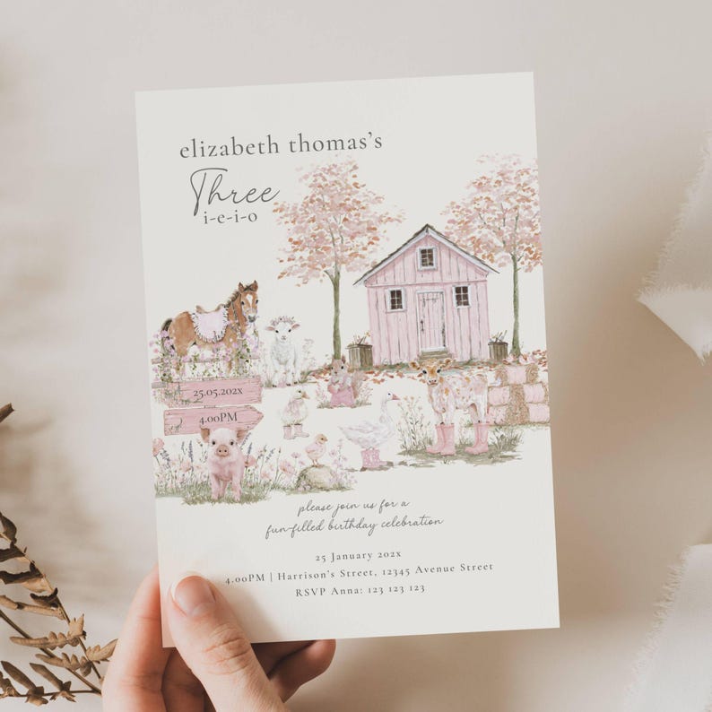 Pink Farm Birthday Invitation, Three-I-E-I-O 3rd Birthday Invite, Barnyard Girl Party, Farm Animal Party, 3rd Birthday Farm Invite Girl Invitation Template