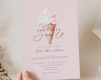 Invitación de She's Been Scooped Up, despedida de soltera con helado, invitación de despedida de soltera con helado, despedida de soltera con tema de helado rosa, SC01