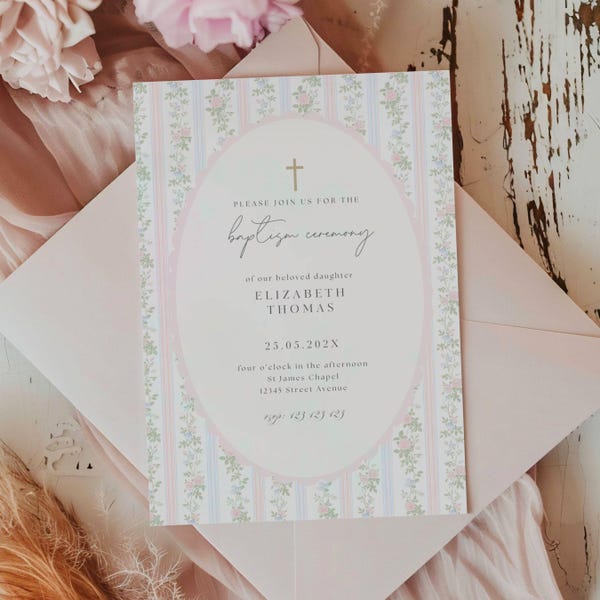 Grandmillennial Baptism invitation, Pink Blue Green Floral Baptism Invite, Classic Grandmillenial Baptism Girl, Vintage Baptism Girl