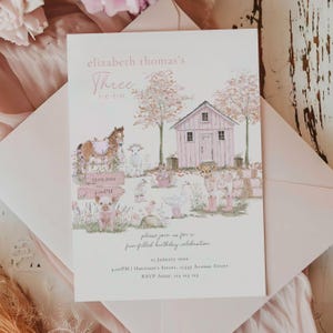 Pink Farm Birthday Invitation, Three-I-E-I-O 3rd Birthday Invite, Barnyard Girl Party, Farm Animal Party, 3rd Birthday Farm Invite Girl Invitation Template