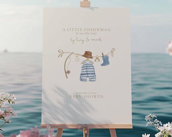 Placa de boas-vindas para chá de bebê com tema de pescador: Varal azul, "Reel Excited" (Download digital)