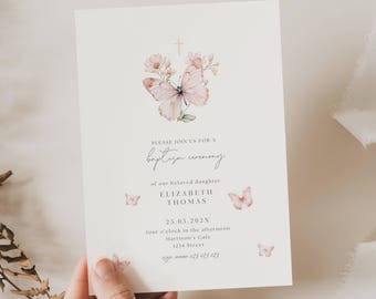 Butterfly Baptism Invitation, Butterfly Christening Invitation, Pink Butterfly Baptism Invitation, Pink Butterfly Girl Christening, BP01