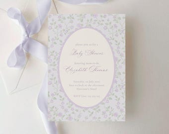 Lila Blumen-Babyparty-Einladung: Vintage-Klassiker, Lavendel, Fliederfarbe (Bearbeitbare Vorlage)