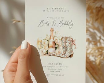 May include: A bridal shower invitation with a watercolor illustration of cowboy boots, champagne flutes, and a bottle of champagne. The text reads "Elizabeth's Bridal Shower Party" and "Boots & Bubbly". The date and time of the event are listed as "25.05.202X" and "Your o'clock in the afternoon". The location is listed as "Harrison's Cafe, 1234 Street".