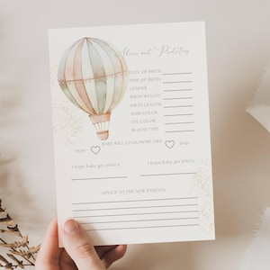 Tarjeta de consejos para baby shower con globo aerostático, tarjeta de predicción neutral con globo aerostático, predicciones y deseos para el bebé, consejos de predicción para el bebé, BAL