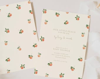 May include: Baby shower invitations with a peach theme. The invitations are cream-colored with a repeating pattern of watercolor peaches and green leaves. The text reads "Our Little Peach is on the way" and includes the names "Lucy & Mark".