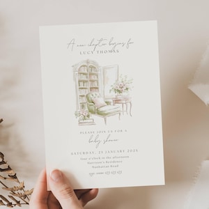 A New Chapter Baby Shower Invitation, Baby Shower Invite A New Chapter Begins, Storybook Baby Shower Invitation Sage Green, Book Baby FB02