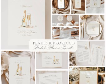 Pearls and Prosecco Bridal Shower Invitation: Elegant Minimalist, Champagne Flute (Editable Template) Bundle