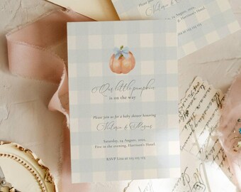 Little Pumpkin Baby Shower Invitation: Blue, Boy, Bow, Gingham, Fall Baby Sprinkle (Editable Template)