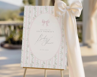 Grandmillenial Baby Shower Welcome Sign, Pink And Sage Green Baby Shower, Girl Vintage Floral Baby Shower, Classic Grandmillenial Baby