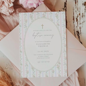 Grandmillennial Baptism invitation, Pink Blue Green Floral Baptism Invite, Classic Grandmillenial Baptism Girl, Vintage Baptism Girl