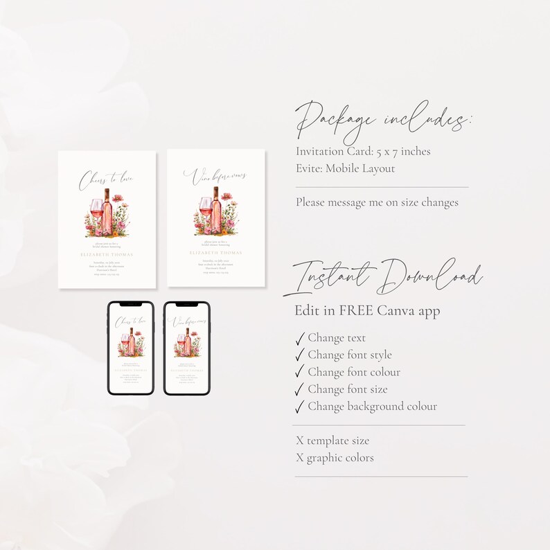 Vino Before Vows Bridal Shower Invitation: Wine Theme (Editable Template), Floral Vino Before Vows Bridal Shower Invitation Template