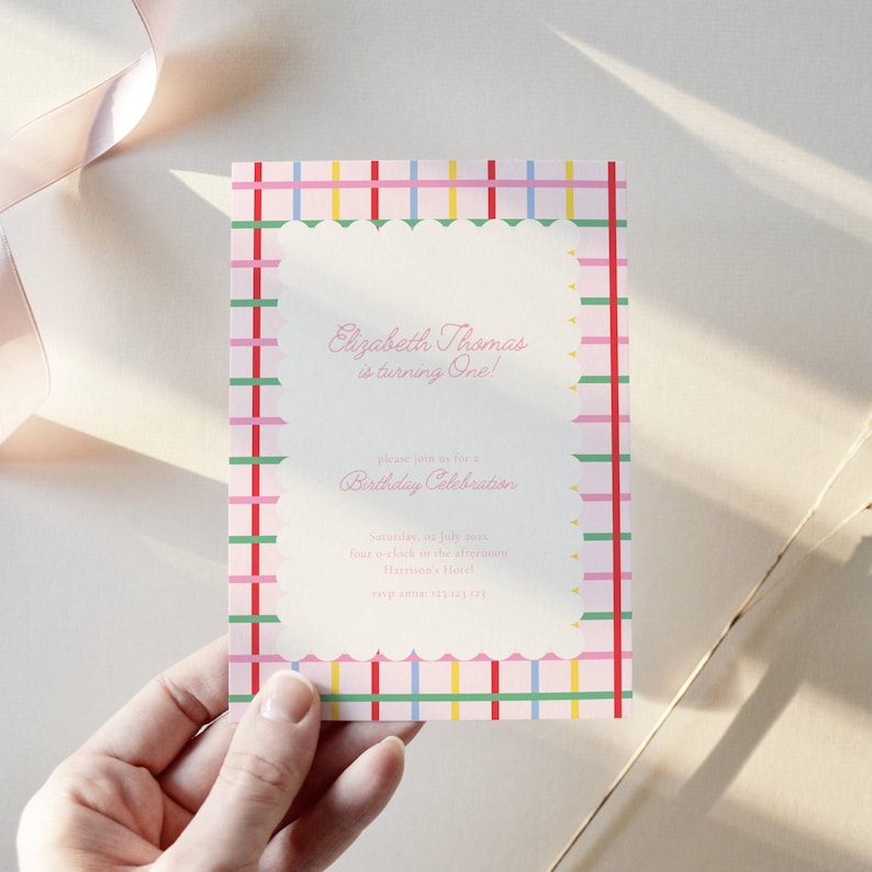 First Birthday Invite Primary Colors: Colorful Birthday Girl, Stripes (Editable Template)