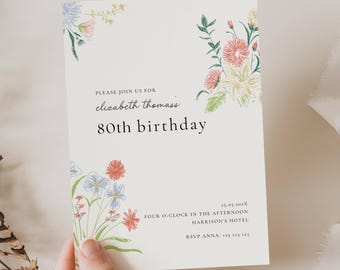 Puede incluir: Una tarjeta de invitación crema con ilustraciones florales en tonos pastel. El texto dice "PLEASE JOIN US FOR elizabeth thomass 80th birthday". Detalles adicionales incluyen la fecha, hora e información de RSVP.