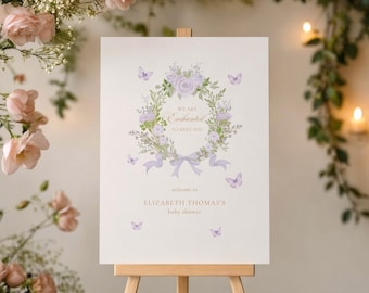 We Are Enchanted To Meet You Baby Shower Welcome Sign: Purple Butterfly (Editable Template), Wildflower Wreath