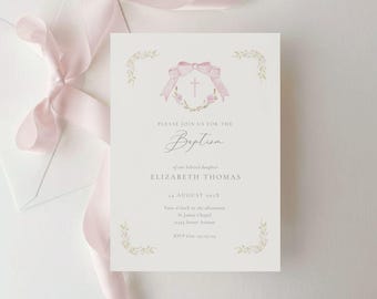 May include: A baptism invitation card with a pink bow and cross design. The card includes the text "PLEASE JOIN US FOR THE Baptism of our beloved daughter ELIZABETH THOMAS". The invitation is decorated with floral accents and a pink ribbon.