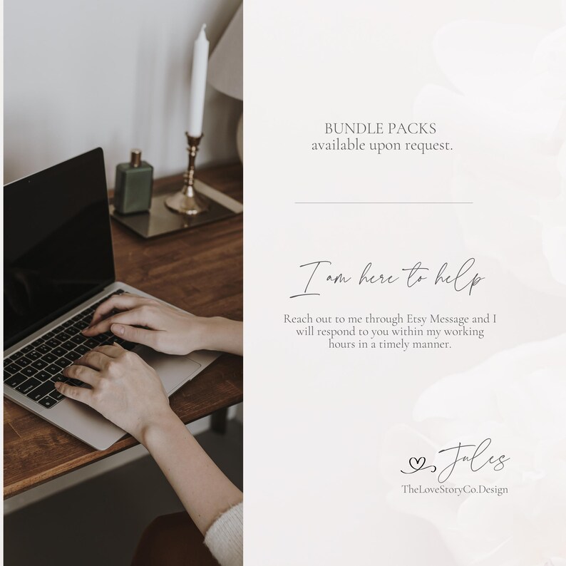 May include: A person's hands typing on a laptop keyboard on a wooden desk. The text on the right side says "BUNDLE PACKS available upon request." and "I am here to help". A candle and a small green bottle are visible.