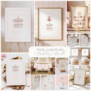 Carousel Birthday Invite: Round and Round We Go (Editable Template), Pastel Pink, Carnival Theme 1st Birthday, First Merry Go Round, Bundle