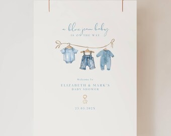Blue Jean babyshower welkomstbord jongen, denim babyshower uitnodigen, een Blue Jean baby is onderweg nodigen uit, Boy Blue Jean babyshower bord