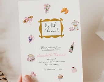 Modèle d'Invitation pour le brunch nuptiale, brunch nuptiale Prosecco, douche nuptiale coquette, champagne et brunch, brunch nuptiale rose, BB02