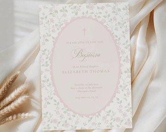 Pink Floral Baptism Invitation Girl: Grandmillenial, Pink Green Florals, Vintage (Editable Template), Christening