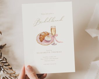 Modèle d'invitation pour le brunch de la mariée : croissant, prosecco, champagne (modèle modifiable)