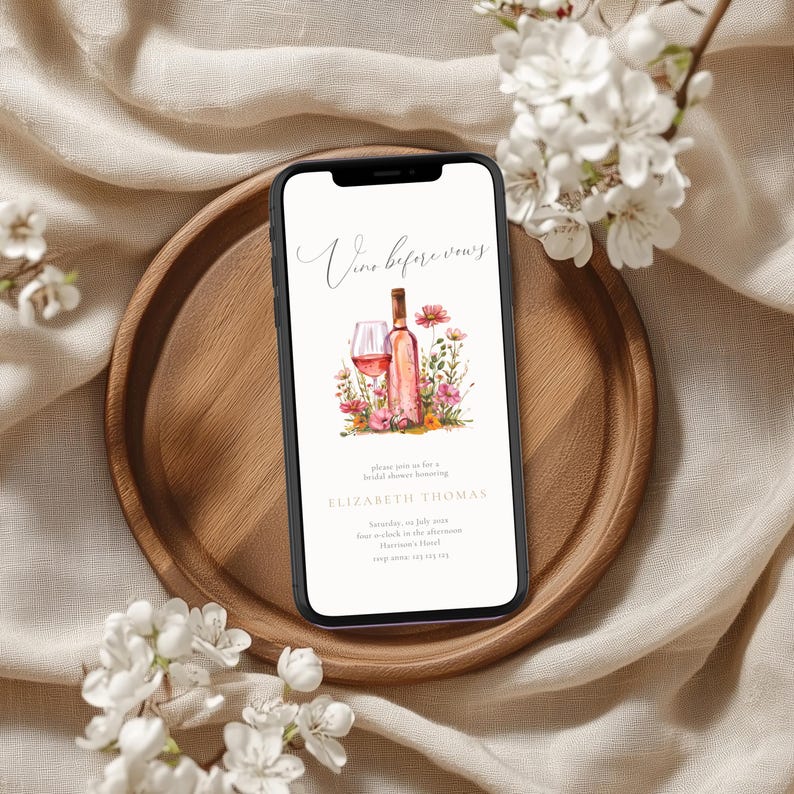 Vino Before Vows Bridal Shower Invitation: Wine Theme (Editable Template), Floral, Bundle