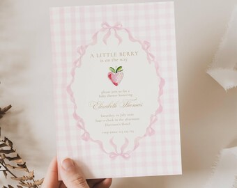 Invito per baby shower a tema fragole: Dolce bebè, quadretti rosa, fiocco (modello modificabile)