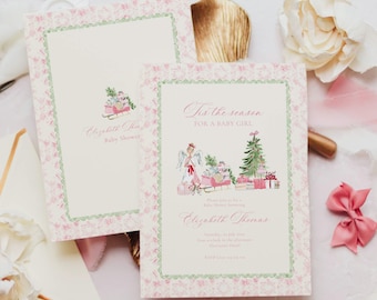 Grandmillenial Christmas Baby Shower Invitation Girl: Tis The Season, Toile, Chinoiserie (Editable Template)