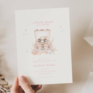 Convite para chá de bebê com pérolas, chá de bebê com a nossa pequena pérola a caminho, convite para chá de bebê com conchas, chá de bebê com uma pequena pérola, SUM