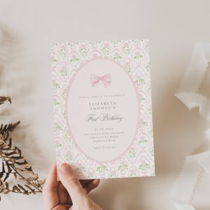 Vintage Pink Bow Floral Birthday Invitation, Elegant Coquette Bow Floral Birthday Invitation, First Birthday Preppy Bow Birthday Invite, FBD