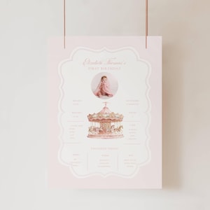 Cuadro de hitos del primer cumpleaños con carrusel rosa: Carnaval rosa, caballo y tiovivo (plantilla editable)