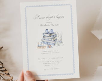 A New Chapter Baby Shower Invite Boy, Book Theme Baby Shower Blue, Storybook Baby Shower Boy, Baby Shower New Chapter Boy Invitation Blue
