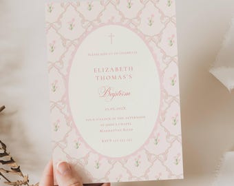 Pink Bow Baptism Invitation Template, Pink Bow Christening Invitation, Vintage Floral Baptism Invitation, Pink Floral Baptism Invite