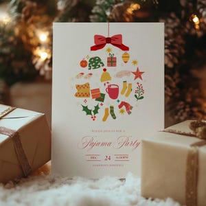 May include: A cream-colored invitation card with a red bow and a decorative ornament filled with cozy winter items. The card reads "Please join us for a Pajama Party" with the date and time. Two wrapped gifts are in the foreground.