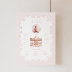 Tabella delle tappe del baby shower "Carousel", Baby shower "Carnevale rosa", Baby shower "Cavallino rosa" con Coquette, Invito a una giostra rosa CP01