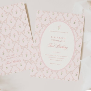 Vintage Pink Bow Floral Birthday Invitation, Elegant Coquette Bow Floral Birthday Invitation, First Birthday Preppy Bow Birthday Invitation Template