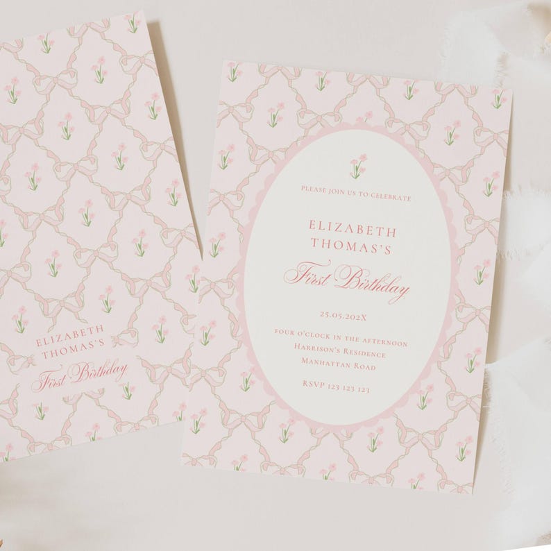 Vintage Pink Bow Floral Birthday Invitation, Elegant Coquette Bow Floral Birthday Invitation, First Birthday Preppy Bow Birthday Invitation Template