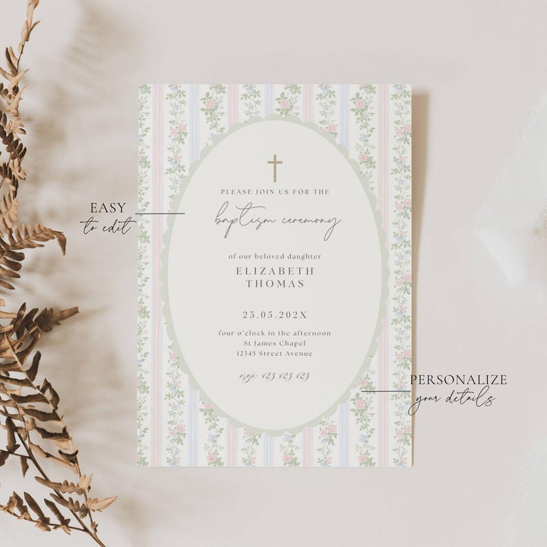 Grandmillennial Baptism invitation, Pink Blue Green Floral Baptism Invite, Classic Grandmillenial Baptism Girl, Vintage Baptism Girl
