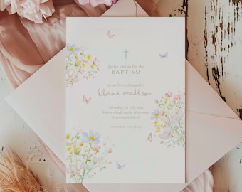 Wildflower Baptism Invitation Template, Printable Floral Baptism Invite, Girl Baptism Invitation, Wildflower Christening Girl Invite