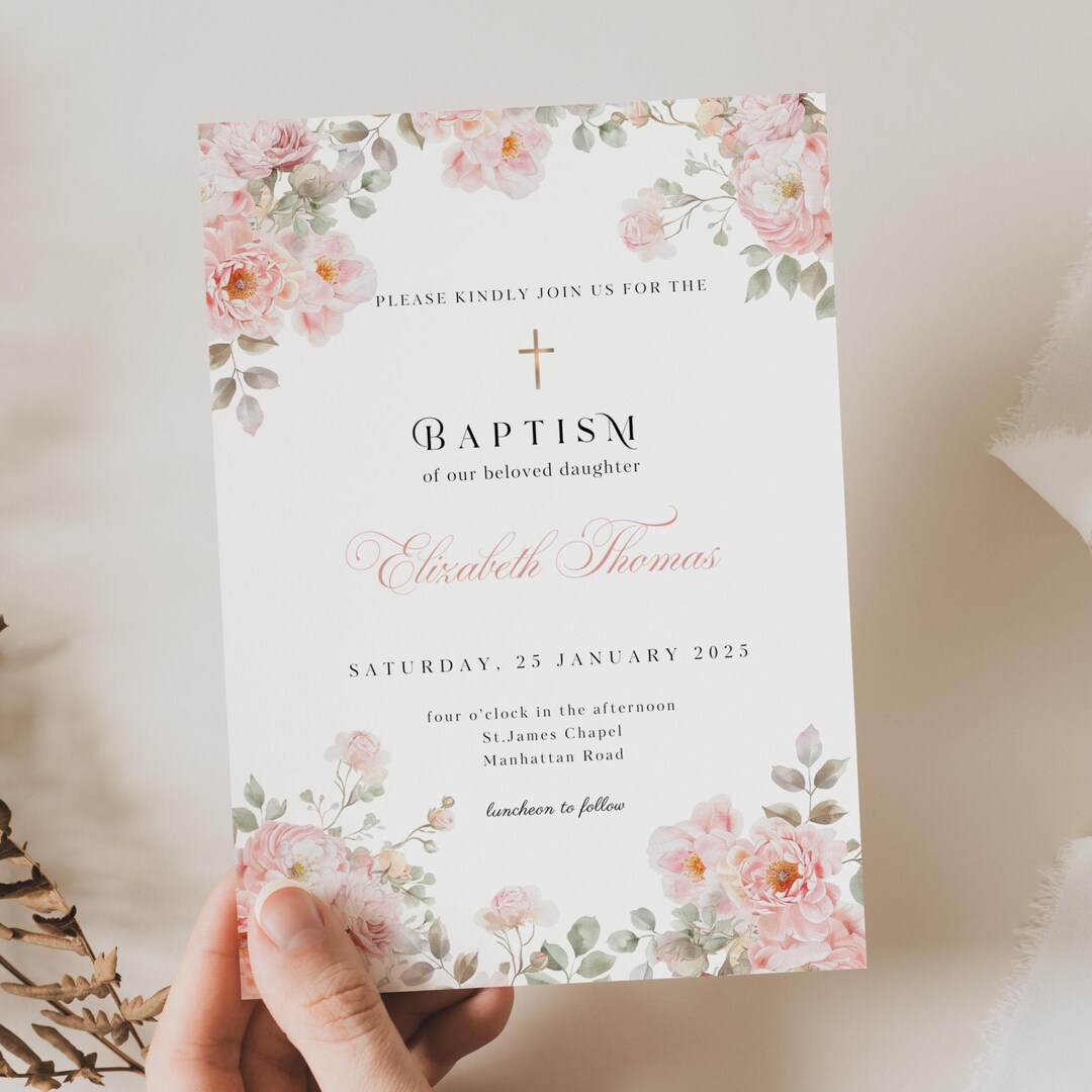Dusty Pink Invitation Baptism, Baptism Invitation Template Rustic Pink