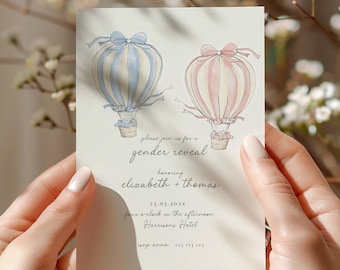 Hot Air Balloon Gender Reveal Invitation: Up In The Air (Editable Template), Adventure Awaits, Boy or Girl, He or She