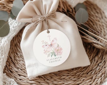 Butterfly Baptism Invitation Round Label, Butterfly Christening Invite, Pink Butterfly Baptism Invite, Pink Butterfly Girl Christening, BP01