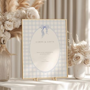 Blue Gingham Baby Shower Table Signs, Classic Gingham Boy Baby Shower Table Sign, Light Blue Plaid Baby Shower Table Sign, Cards and Gift Baby Shower Blue Gingham Sign Template